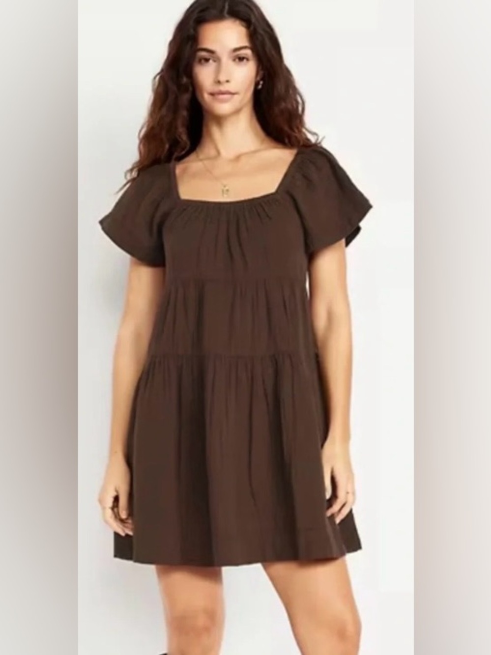 Old Navy Tiered Gauze Mini Dress Brown Short Flutter Sleeves EUC Medium